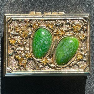 Rare Vintage Solid Perfume Compact With 2 Jade Green Butterfly Cabochon Stones